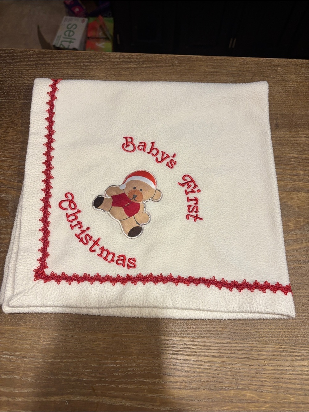 Ashton Drakes Baby's First Christmas Teddy Blanket - White with Red Trim - Picture 4 of 4